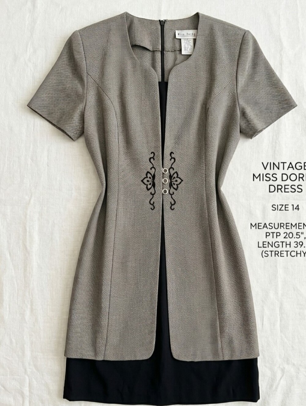 Vintage Miss Dorby Houndstooth V-Neck Dress Embroidered Button Front Sz 14